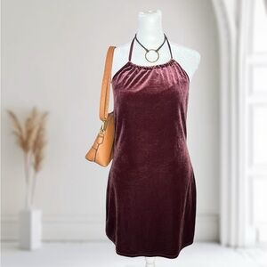 Wild Fable Burgundy Velvet Halter Mini Dress Open Back Size M